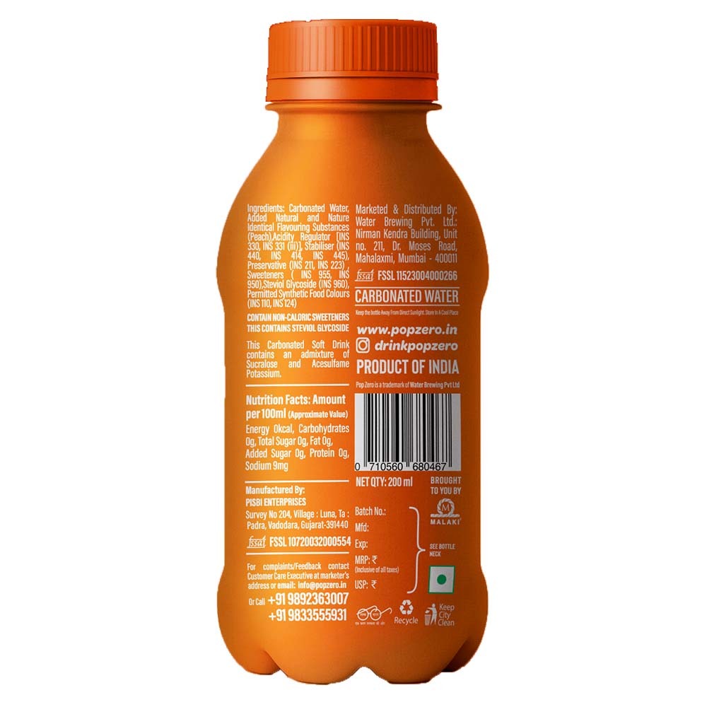 Pop Zero! Peach Sparkling Water | Pack of 24 | ₹30 per bottle